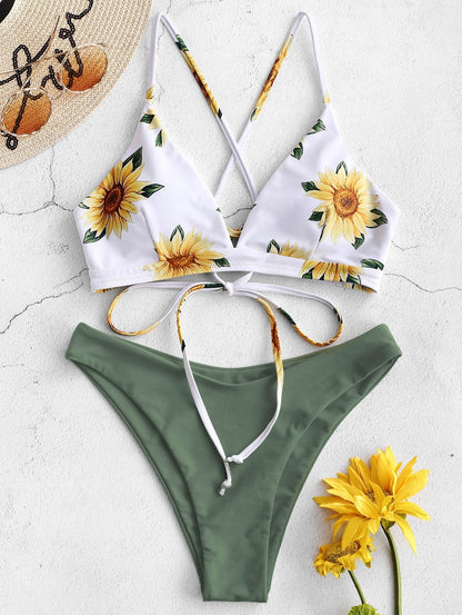 Sunflower Printed Bikini Set Sexy  Swimwear Women Mujer Push Up Padded Biquini Bathers Bandage Bathing Suit Swimsuit Bikini