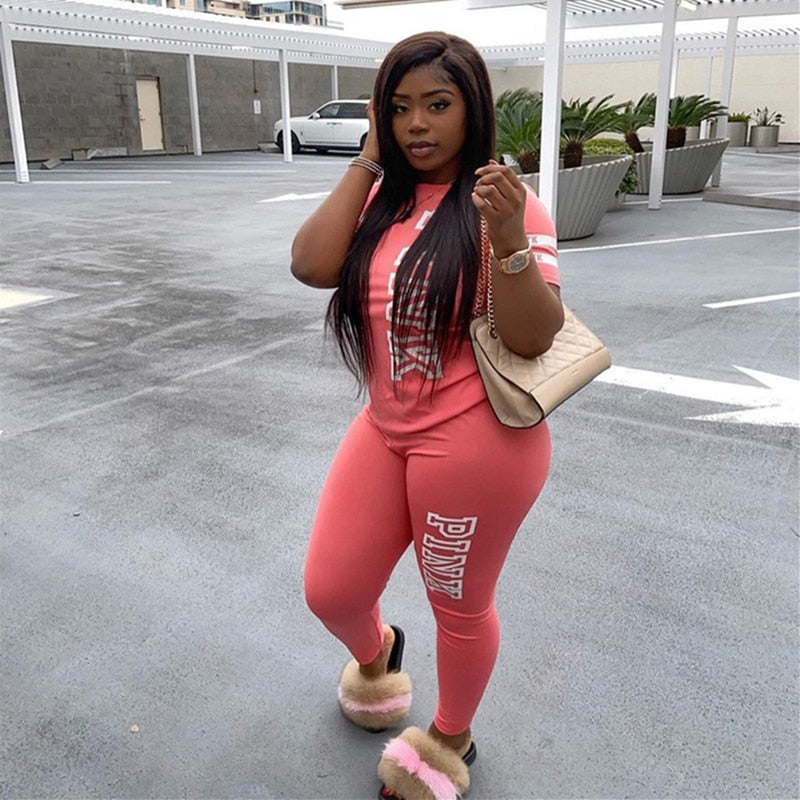 Casual 2 Piece Set Plus Size Women Tracksuit 3xl Pink Letter Print Tops + Biker Shorts Matching Sets Streetwear Outfits 3XL