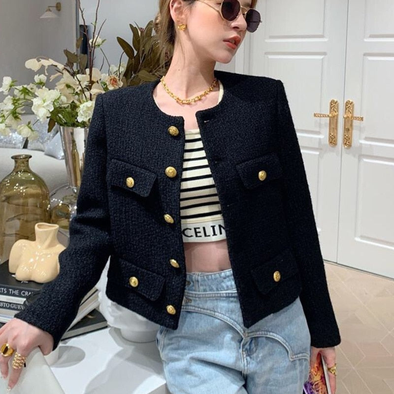 Autumn Winter Small Fragrant Tweed Jacket Coat Women Vintage Woolen Short Coats Streetwear Elegant Casual Slim Outwear Crop Top