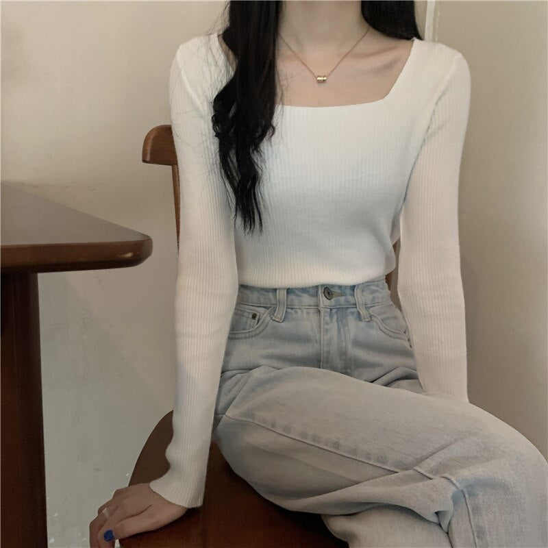 lovwvol Early Autumn Blouse Women's Style Square Neck Long Sleeve Sweater Slim Fit with Bottomed Sweater Korean Foreign Temperament Rac