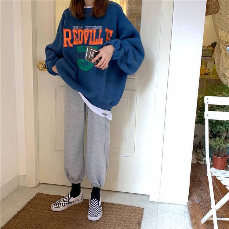 Autumn Women Fleece Letter Printed Pullover Sweatshirt Long Sleeve Casual Sports Lady Oversized Hoodie Korean Fashion