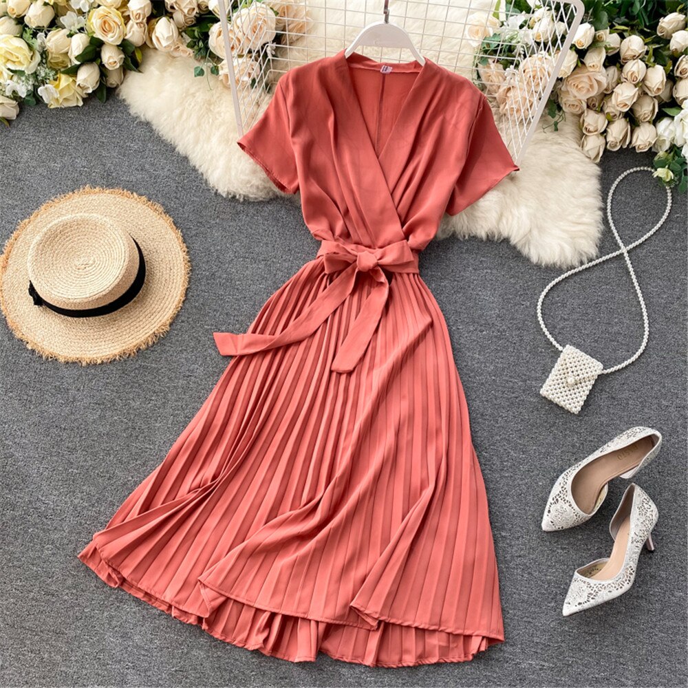 Autumn Fashion New Female Solid Pleated Dress Women V neck Short Sleeves Sashes Long Dresses Summer Streetwear Vintage