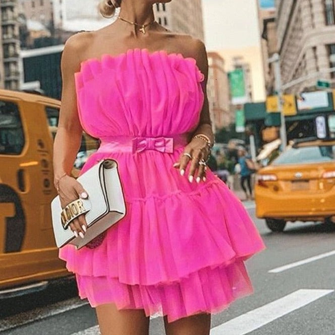 lovwvol Elegant Mesh Party Dress Women Rose Pink Off Shoulder Bow-knot Dress High Quality Sexy Sleeveless Ball Gown Mini Dress