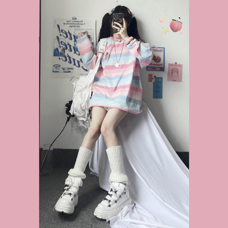 lovwvol harajuku Long Sleeve T Shirt girl Christmas Topspring autumn embroidery stripe Tops Tee Women full Sleeve T-shirt Casual Female