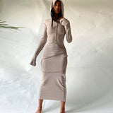 lovwvol Long Sleeve Hooded Patchwork Skinny Maxi Dress Autumn Winter Women Fashion Streetwear Casual Outfits