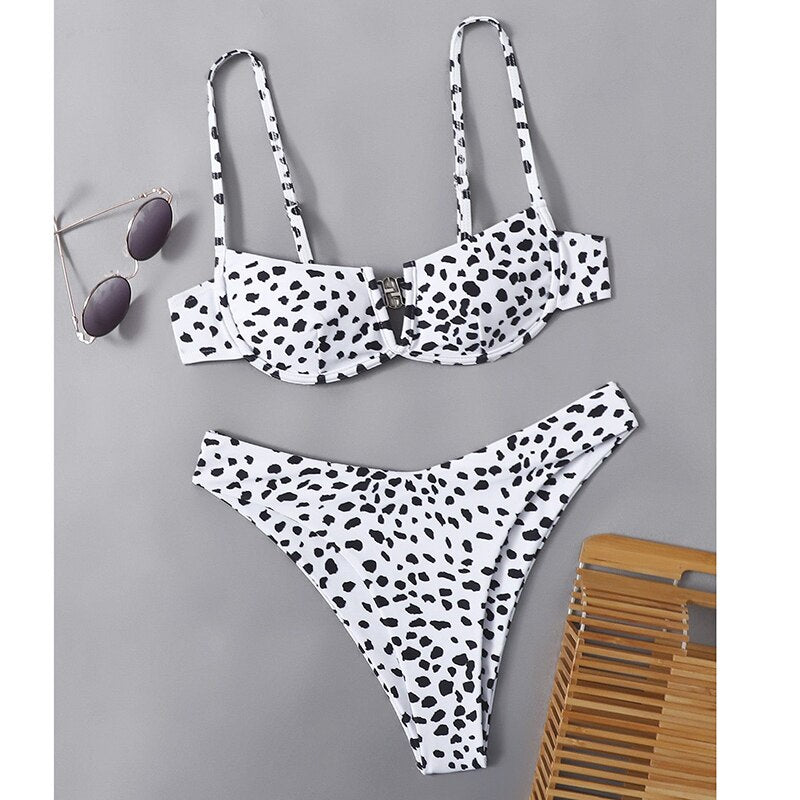 Sexy Female Swimsuit Two Piece Set Swimwear Dot Printed Push Up Bandage Bikini Set Women Underwire Beach Wear V-neck Biquini