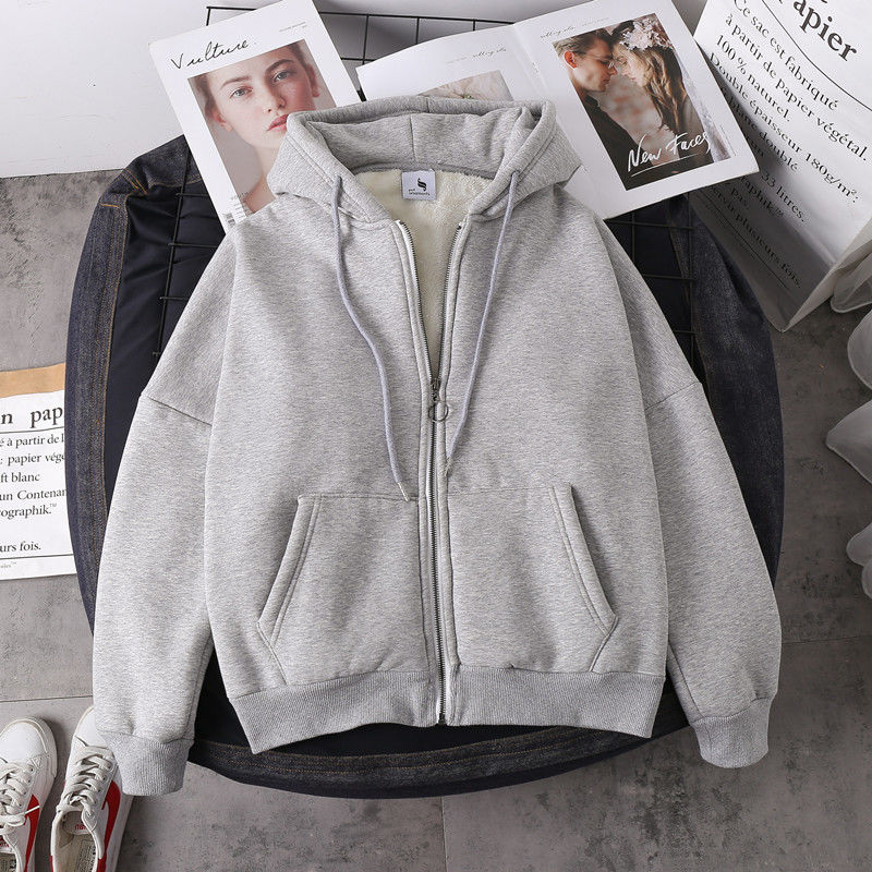 lovwvol Jacket women solid color hoodies autumn winter imitation lamb wool korean loose plus velvet thick zipper sweatshirt tops