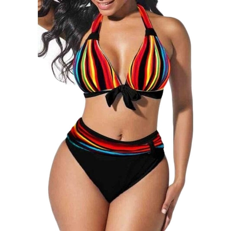 S-5XL Plus Size Neon Striped Bikini Set Push Up Women High Waist Halter Beach Swimwear Retro Bowknot Bathing Suit Swimming Suit