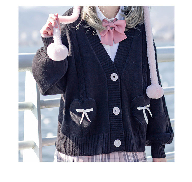 Spring Japan Kawaii Fashion Pink Cardigan Women Vintage Crop Knitted Sweater Cute Bow Heart Korean JK School Coat