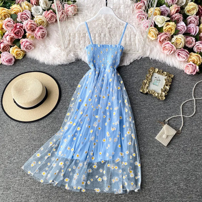 lovwvol   Summer Beach Mesh Floral Dress Women Vintage Elegant Sexy Beach Sundress Woman Party Night Korean Kawaii Vestidos