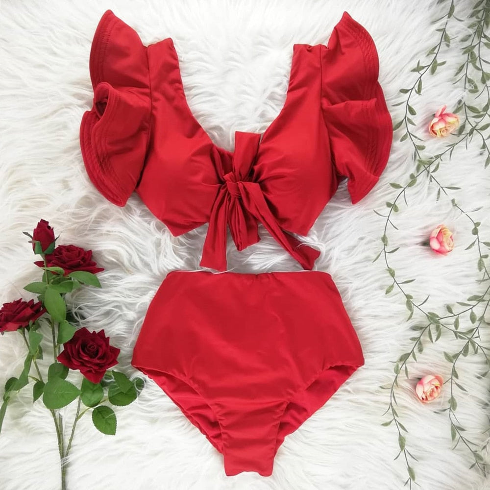 Two-Pieces Women Floral Push-Up Padded Bra Ruffles Bandage Bikini Set Swimsuit Swimwear Bathing Suit Beachwear Biquini