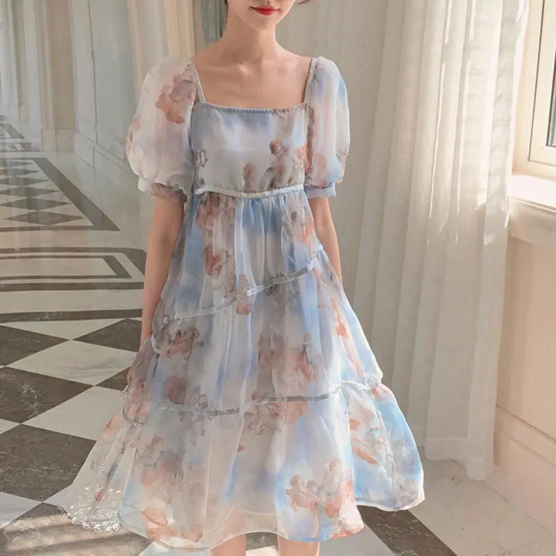 lovwvol  -French Fairy Dress for Women, Elegant Chiffon Midi Dress, Puff Sleeve, Square Collar, Vintage, Angel Print, Summer