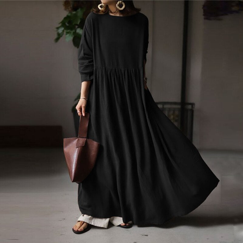 Women Elegant Maxi Long Dress   Autumn Vintage Long Sleeve Solid Sundress Kaftan Femme Robe Vestidos  Baggy