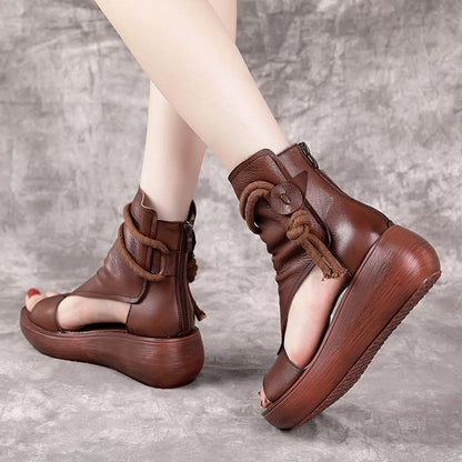 Women Summer Sandals Mid Heels Wedges Shoes Ladies Vintage PU Leather Plus Size Sandalias Mujer Sapato Feminino