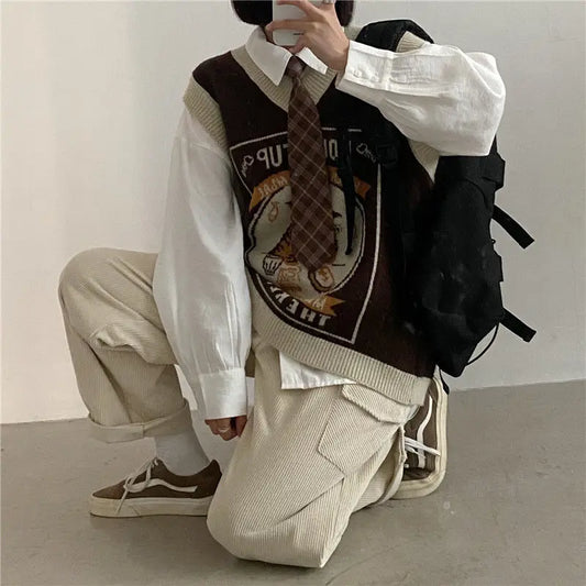 Sweater Vest Women Kawaii Cat Waistcoat Streetwear Knitting Chic Fashion College All-match Harajuku Y2k Vests Chandails