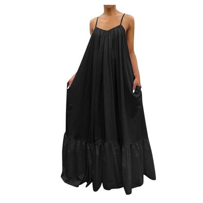 lovwvol lovwvol Women Camisole Oversized Fashion Casual Solid Maxi Dresses Strap Dress Pocket Loose Backless Big Swing Solid Floor-length Robe