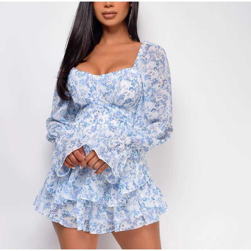 lovwvol Summer Women Jumpsuits Long Sleeve Lace Up Ruffles Floral Print Rompers Female Playsuits Square Collar Outfits