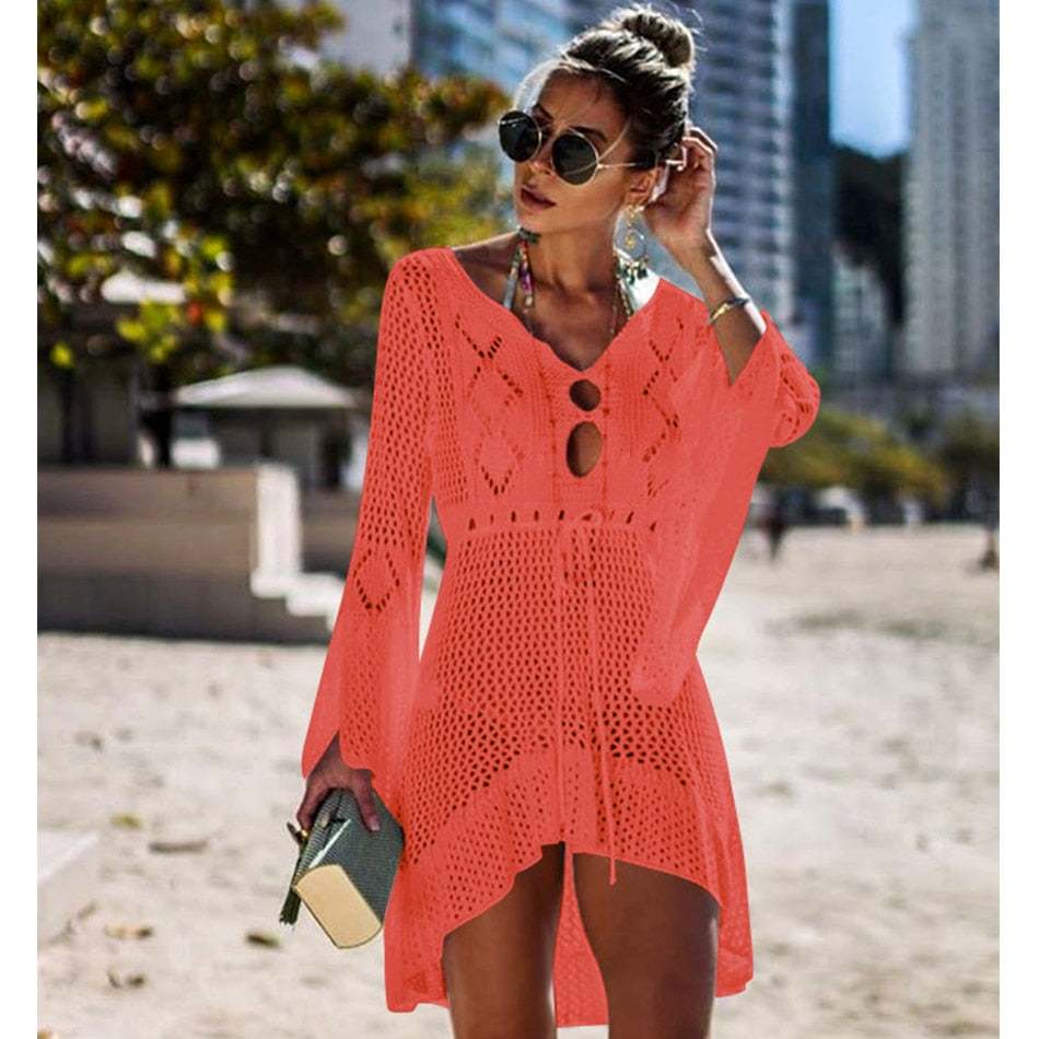 lovwvol New Knitted Beach Cover Up Women Bikini Swimsuit Cover Up Hollow Out Beach Dress Tassel Tunics Bathing Suits Cover-Ups Beachwear