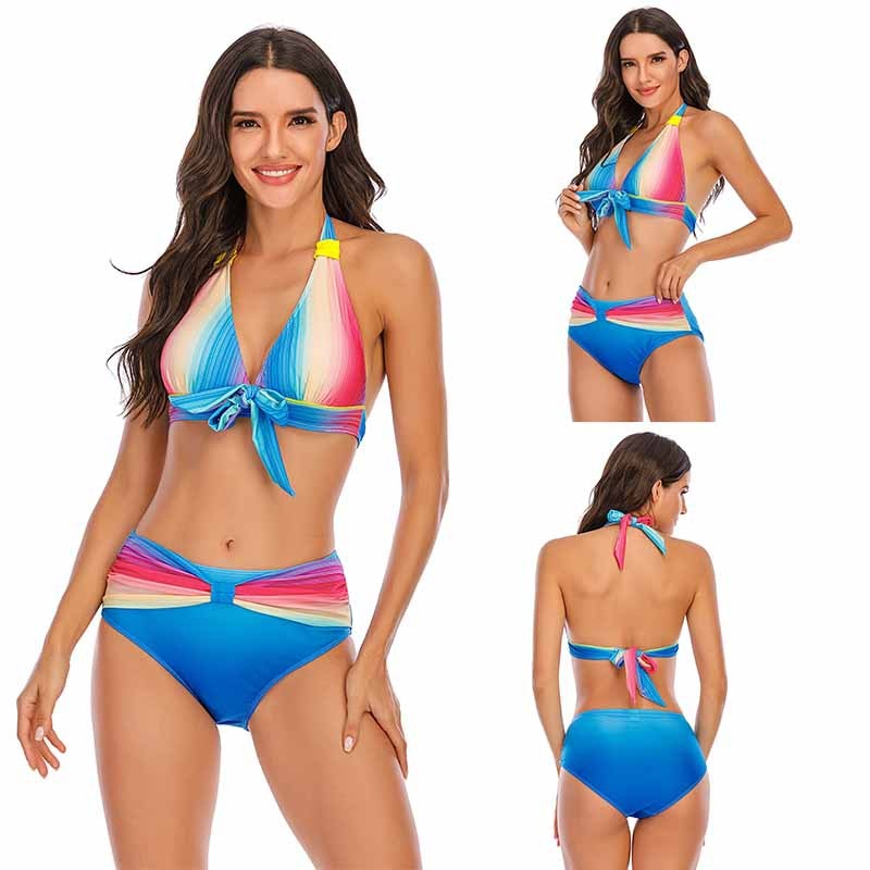 S-5XL Plus Size Neon Striped Bikini Set Push Up Women High Waist Halter Beach Swimwear Retro Bowknot Bathing Suit Swimming Suit