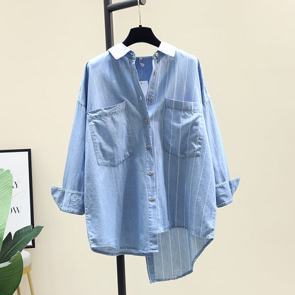 Dark Blue Denim Shirt Women's Autumn New Irregular Double Pocket Casual Striped Patchwork Top