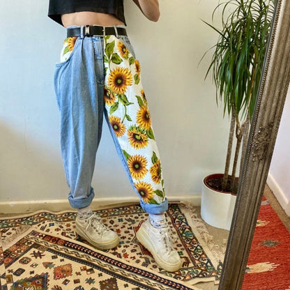 2023 New Trend Sunflowers Printed Light Blue Jeans fit women young Girls soft denim long pant patchwork Harem hight waist jeans