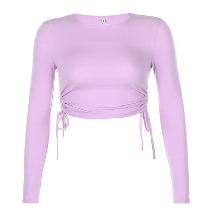 Casual Solid O-Neck Long Sleeve Crop Top Women Side Drawstring Ruched White T-Shirt Female Tee Shirt Top For Women Clothing