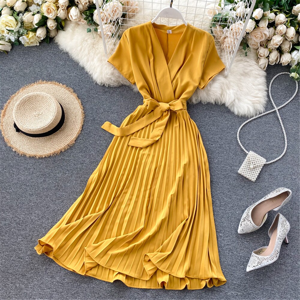 Autumn Fashion New Female Solid Pleated Dress Women V neck Short Sleeves Sashes Long Dresses Summer Streetwear Vintage