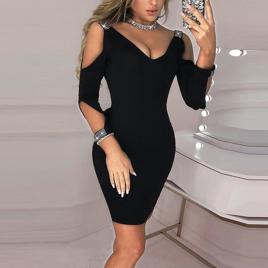 Women Solid V-neck New Summer Sexy Black Club Dress Mini Sequins Dresses Elegant for Female Robe  Vestidos party dress