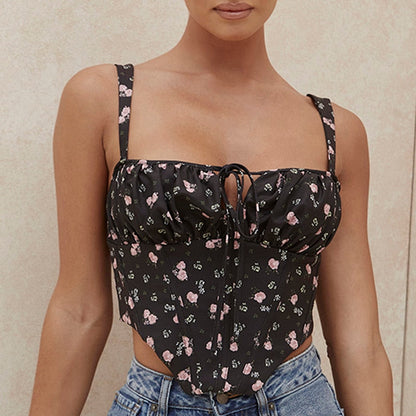 lovwvol NewAsia Floral Corset Women Sweet Print Hollow Up Tie Up Sexy Crop Top Summer Sleeveless Ruched Boning Bustier Casual Tank Top