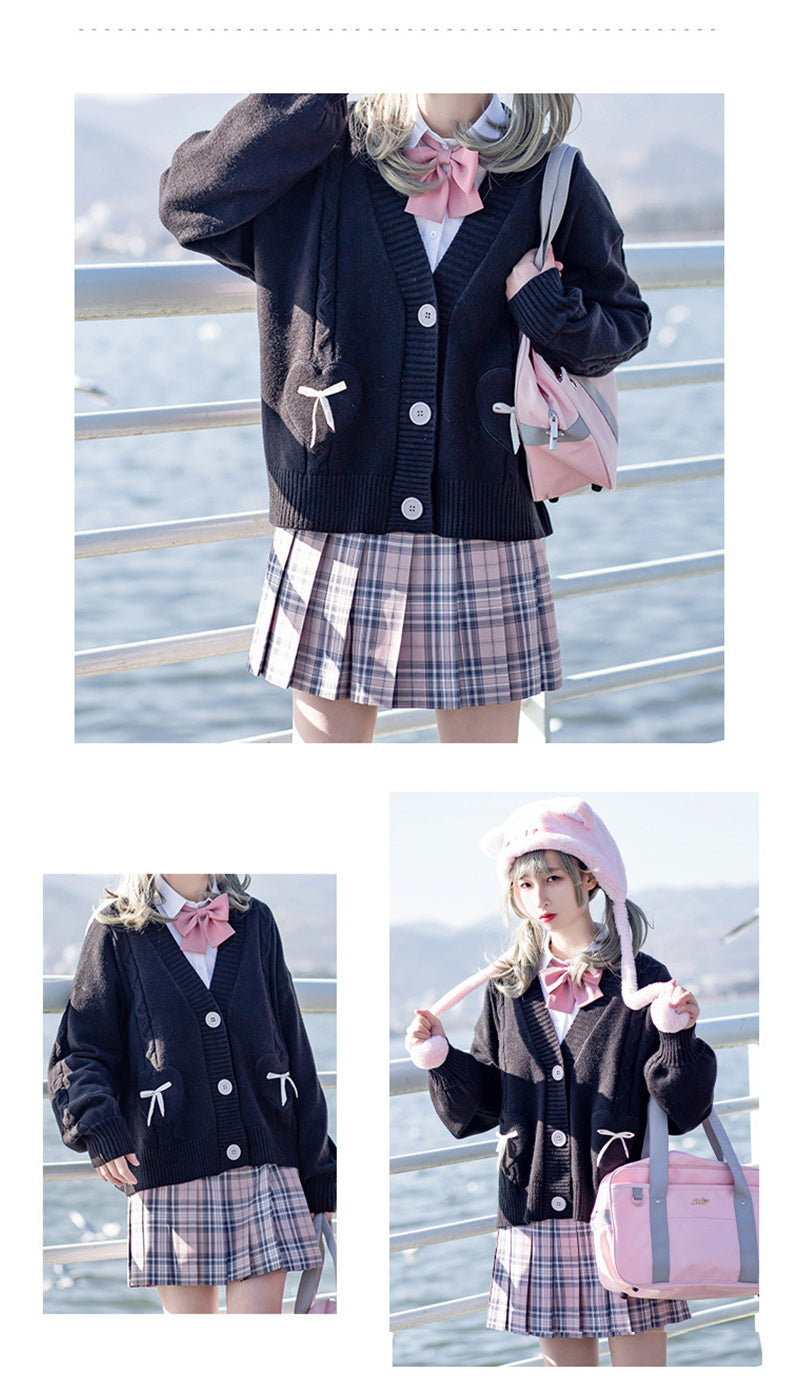 lovwvol Spring Japan Kawaii Fashion Pink Cardigan Women Vintage Crop Knitted Sweater Cute Bow Heart Korean JK School Coat