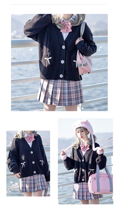 lovwvol Spring Japan Kawaii Fashion Pink Cardigan Women Vintage Crop Knitted Sweater Cute Bow Heart Korean JK School Coat