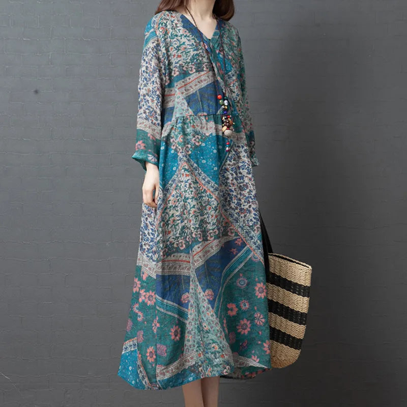 lovwvol  2024 New Arrival Long Sleeve Spring Dress Soft Cotton Blend Print Floral Vintage Dress  Loose Women Casual Autumn Dress