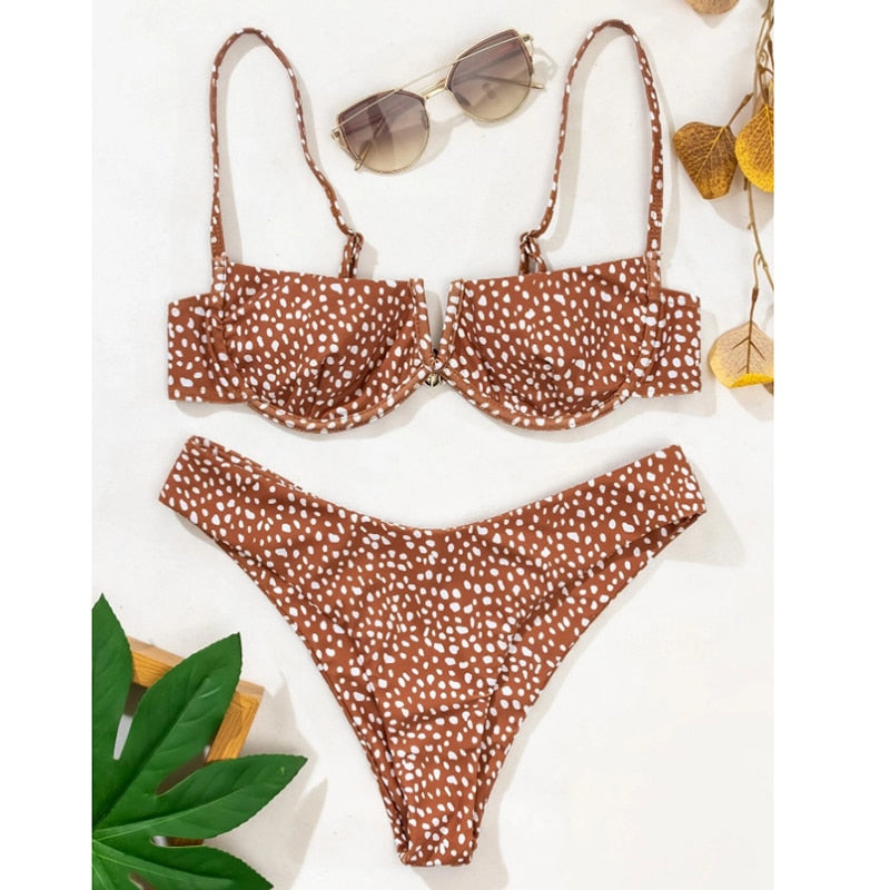 Sexy Female Swimsuit Two Piece Set Swimwear Dot Printed Push Up Bandage Bikini Set Women Underwire Beach Wear V-neck Biquini