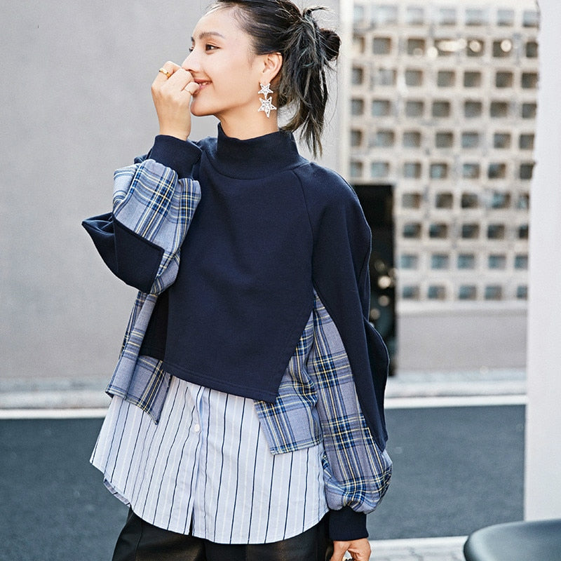 lovwvol     Spring Women Sweatshirt Turtleneck Long Sleeve Asymmetrical Patchwork Plaid Striped Streetwear Loose Pullover Female Tops