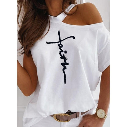 Large size Top Sexy Off Shoulder summer Tshirt Women Print Casual Summer Short Sleeve O-neck Pullovers Tops Fashion Street Tee