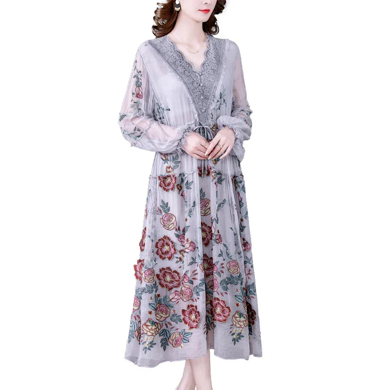 lovwvol New 2024 Women's Summer Runway  Embroidered Long Dress Ladies V-neck Lantern Sleeve Mesh Vintage Party Dress