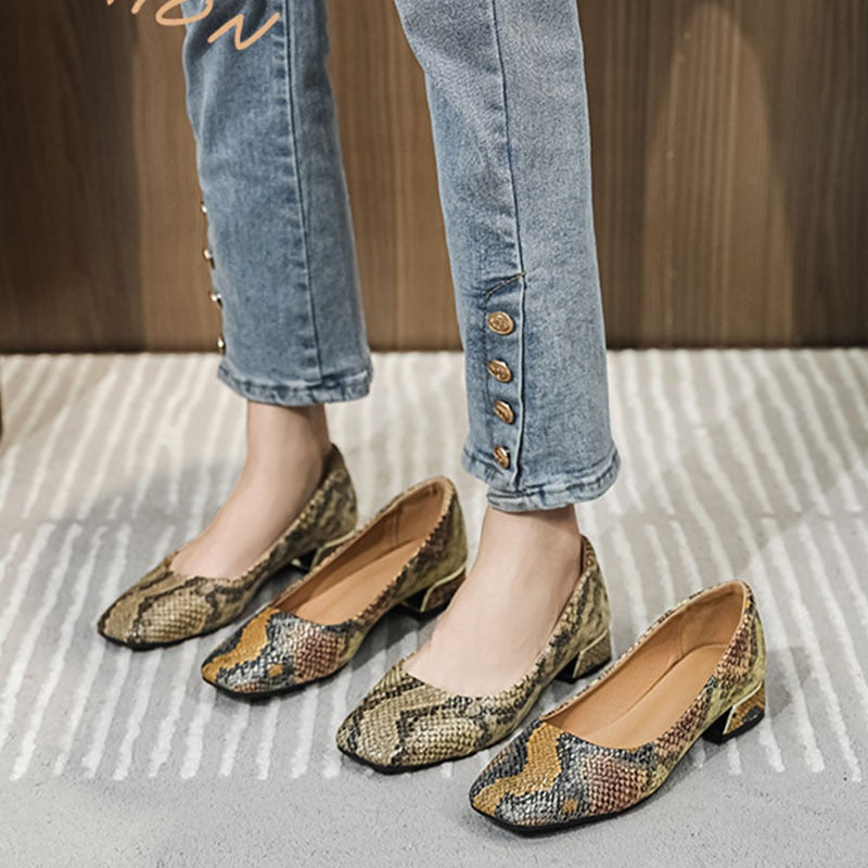 spring and summer snake pattern leather square head shallow mouth women's belt heel shoes 3cm thick heel new soft leather