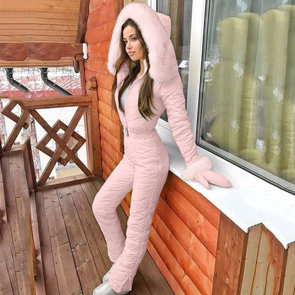 Winter Hooded Jumpsuits Parka Elegant Cotton Padded Warm Sashes Ski Suit Straight Zipper One Piece Women Tracksuits Thick