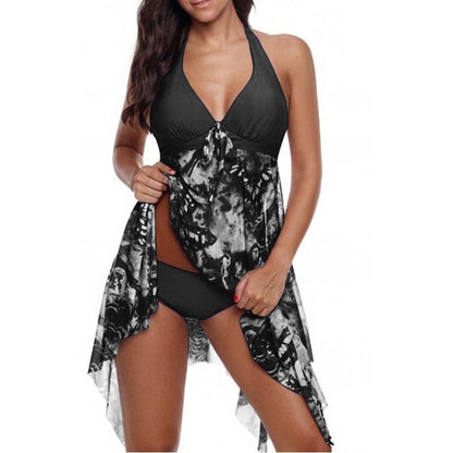 lovwvol Women Sexy V-neck Swimwear Irregular Padded Push Up Print Halter Tankini Summer Two Piece Swimming Dress Beach Wear Swimsuit