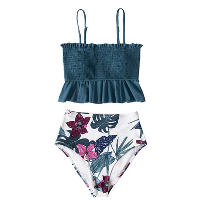 lovwvol Smocked Blue Leaves Print Bikini Sets Women Ruffle High-waist Tankini Two Pieces Swimsuits Girl Boho Bathing Suits