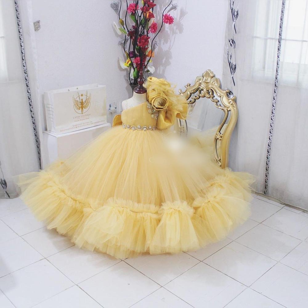 Ruffles One Shoulder Flowers Pink Baby Party Children Crystals Dress Kids Photoshoot Baby Shower Dresses