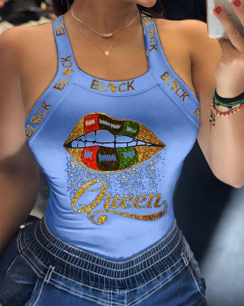 Tank Tops Women U Neck Letter Print Lips Vest Summer Ladies Harajuku Shirts Slim Fit Polyester Sleeveless Top Tshirts