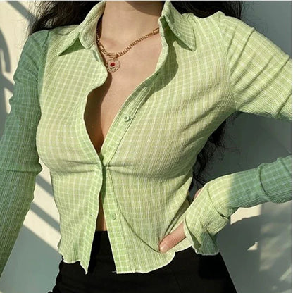 lovwvol Vintage Plaid Shirt women shirt Spring New Extra Long Sleeves Short Slim Single Breasted Green Fashion Casual Female Tops