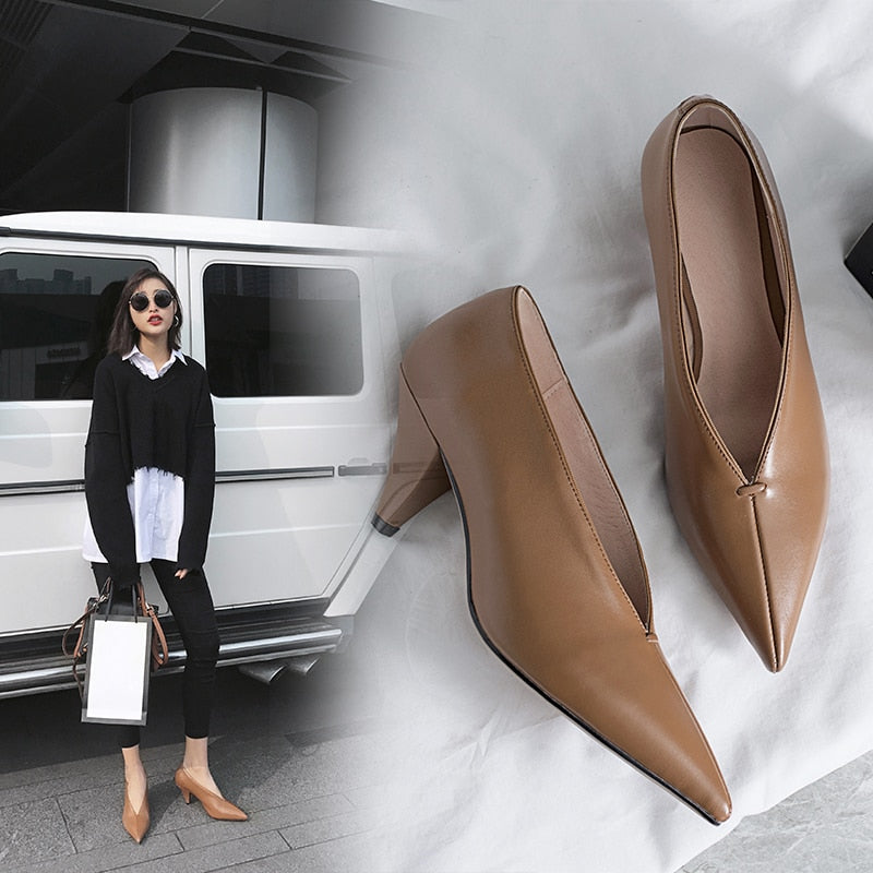 women Genuine Leather shoes cow leather Sheep suede spike heels pointed toe women pumps professional  office career