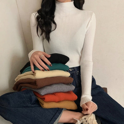 lovwvol lovwvol White Half High Neck Sweater Women's Autumn Winter Long Sleeved Top Foreign Style Bottomed Sweater Rac