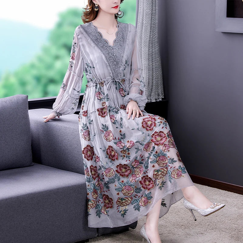 lovwvol New 2024 Women's Summer Runway  Embroidered Long Dress Ladies V-neck Lantern Sleeve Mesh Vintage Party Dress