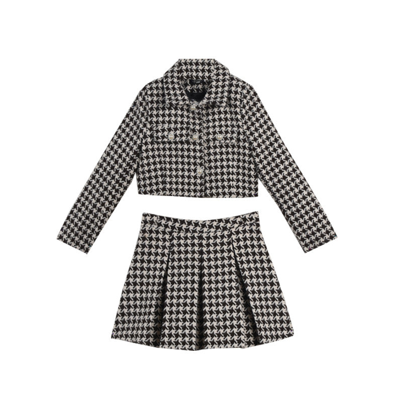 Women New Spring 2 Piece Matching Suits Long Sleeve Plaid Short Jacket&High Waist Pleated Mini Skirt Vintage 2pc Dress Sets