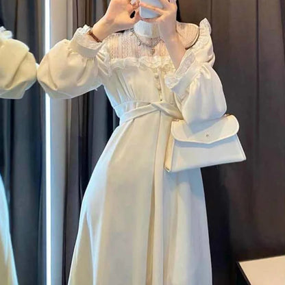 lovwvol French Lace Vintage Dress Women Fashion Puffer Sleeve Elegant One Piece Dress Korean 2022 Spring High Street Slim Midi Dress Y2k