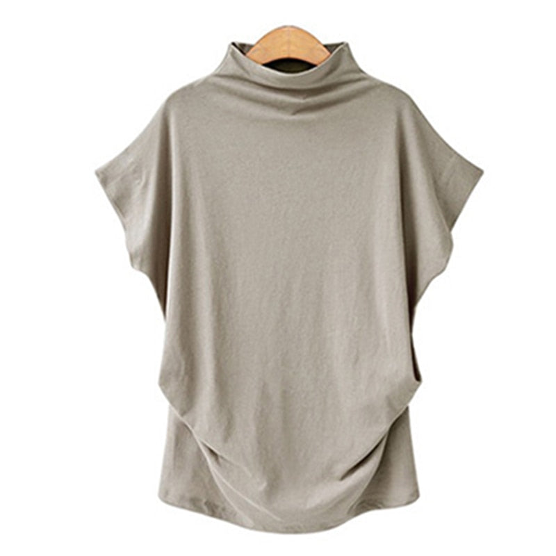 Women Casual Turtleneck Short Batwing Sleeve Blouse Female Cotton Solid Plus Size Tops Ladies Shirt Clothing