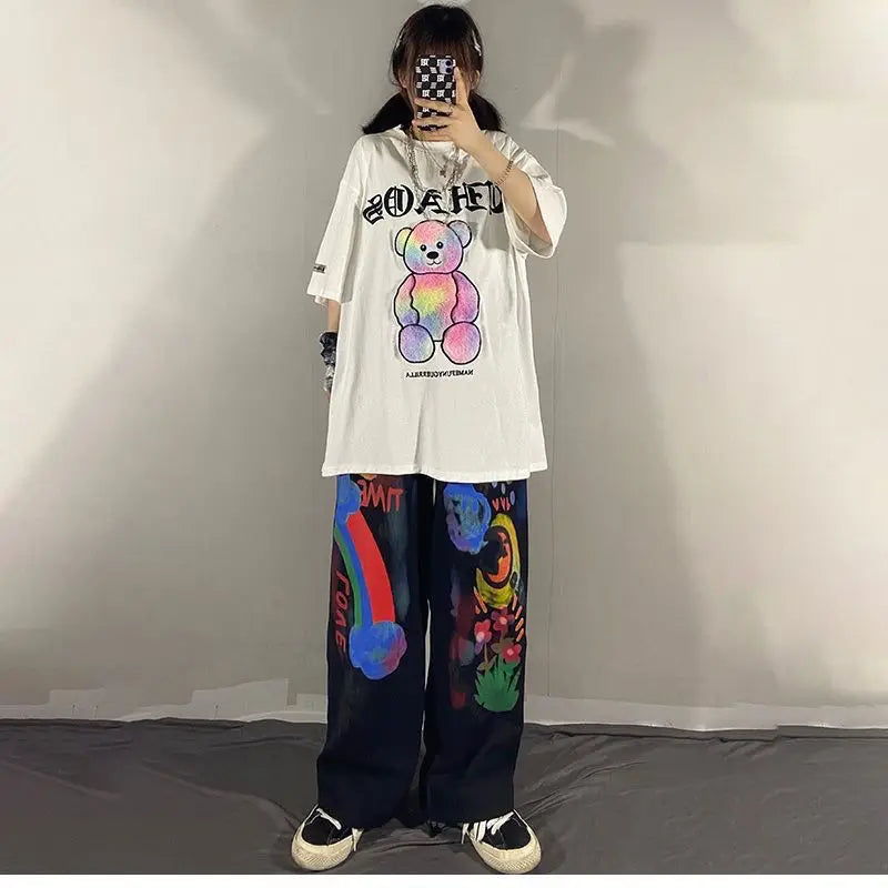 Black Gothic Graffiti Summer Pants Harajuku Punk Pants Japan Loose Autumn Trousers Fashion Funny Straight Hip Hop Pants Women